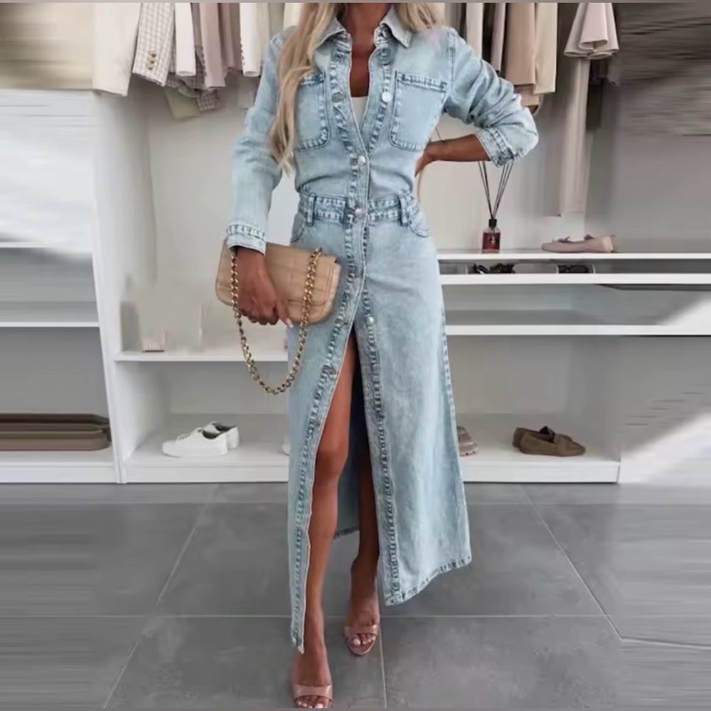 Light Wash Denim Long Shirt Dress with Front Slit